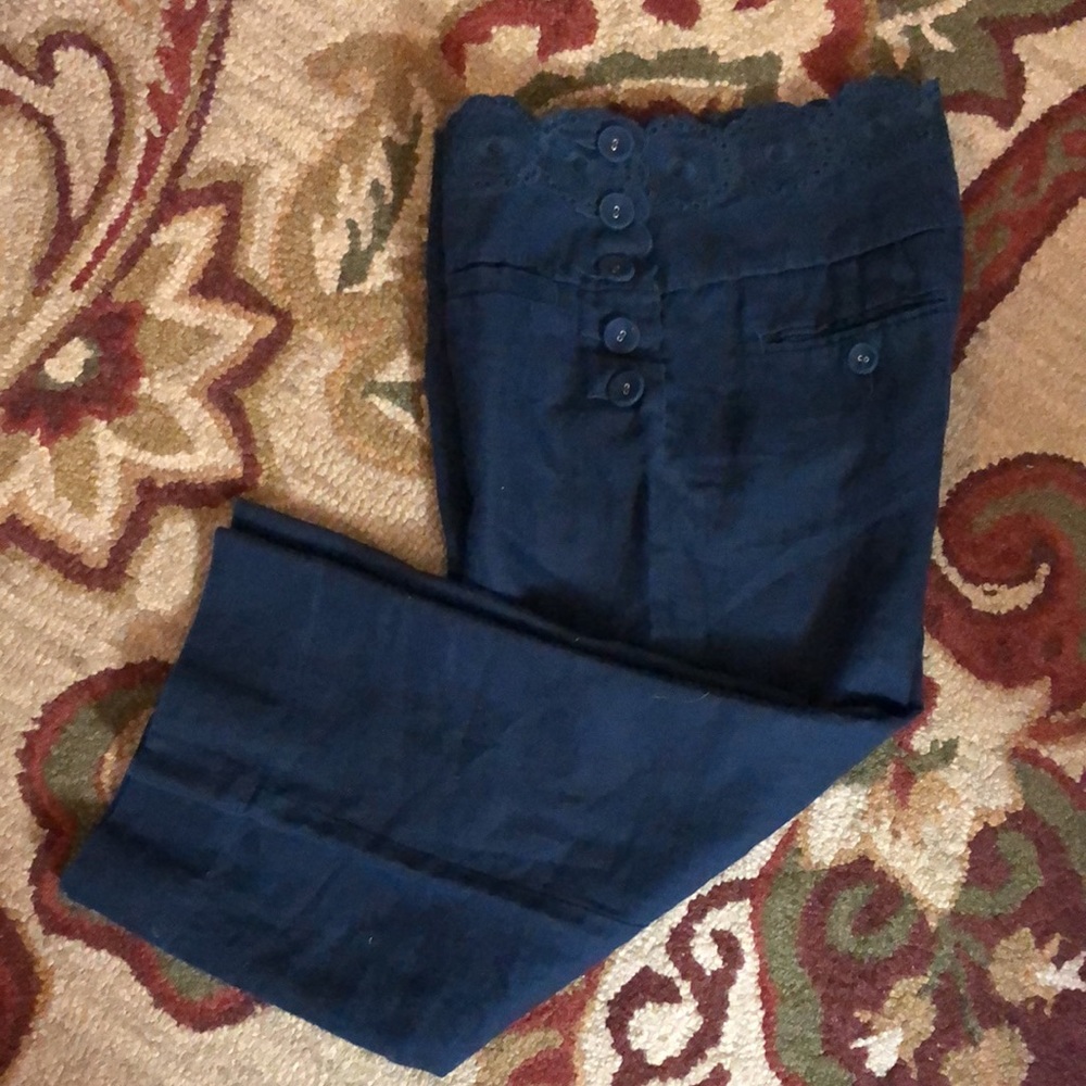 ELEVENSES Size 2 Sailor Pant Wide Leg Crop Linen Embroidery Eyelet Blue $128 NEW